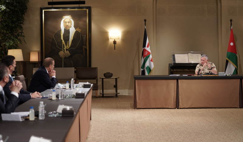 His Majesty King Abdullah meets with members of the House of Representatives’ permanent office at Al Husseiniya Palace on Monday (Photo courtesy of Royal Court)